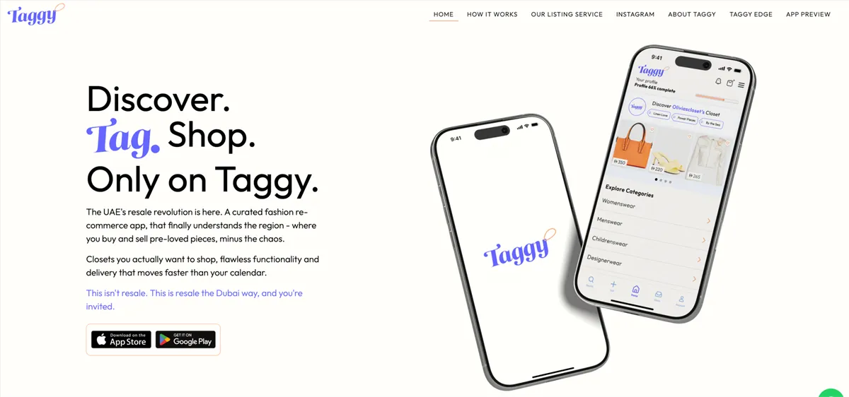 Taggy fashion resale marketplace platform interface and discovery search